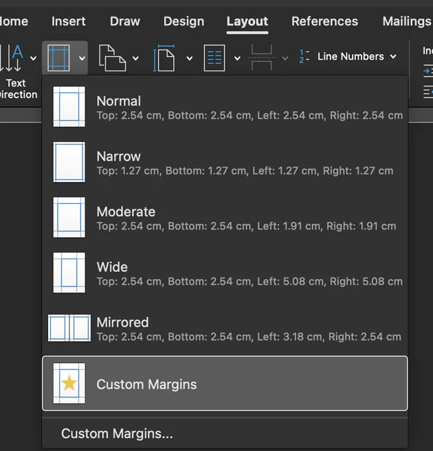 una imagen de selección de márgenes personalizados en Microsoft Word
